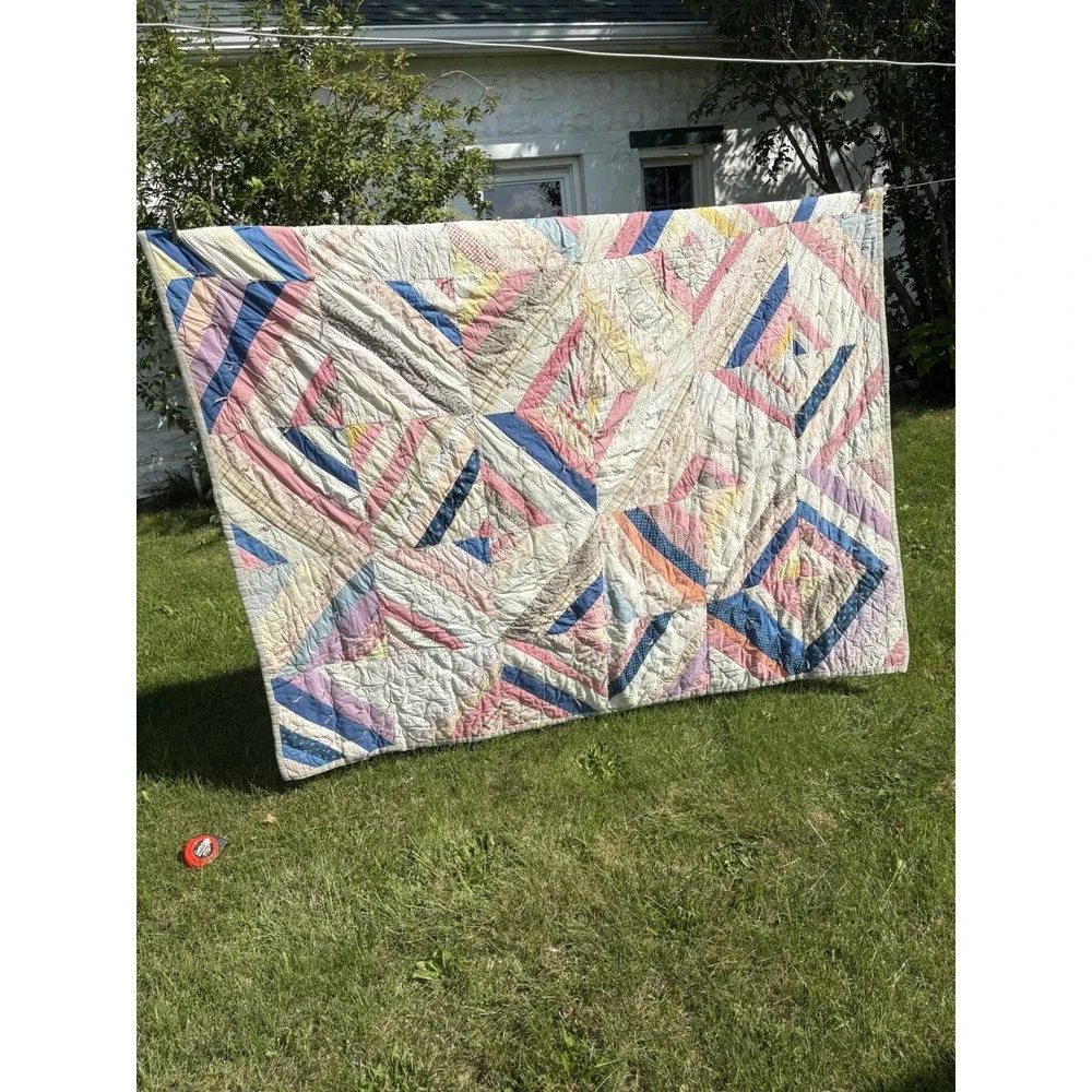 Antique Handmade Quilt Pastel Thick Heavy Wool Lined Cottagecore Granny 71
